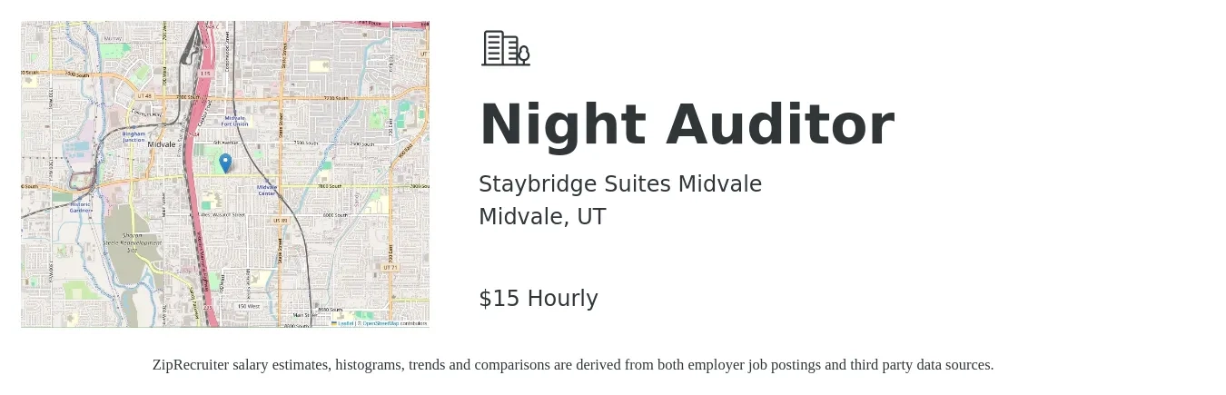 Staybridge Suites Midvale job posting for a Night Auditor in Midvale, UT with a salary of $16 Hourly with a map of Midvale location.