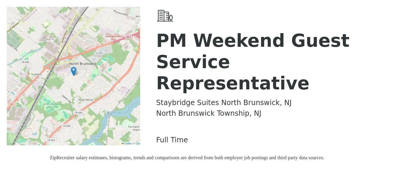 Staybridge Suites North Brunswick, NJ job posting for a PM Weekend Guest Service Representative in North Brunswick Township, NJ with a salary of $14 to $18 Hourly with a map of North Brunswick Township location.