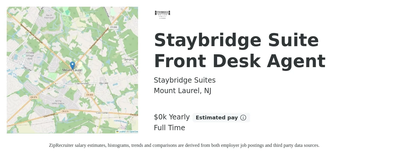 Staybridge Suites job posting for a Staybridge Suite Front Desk Agent in Mount Laurel, NJ with a salary of $17 Yearly with a map of Mount Laurel location.