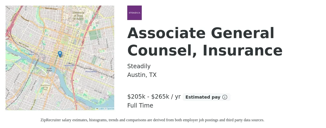 Steadily job posting for a Associate General Counsel, Insurance in Austin, TX with a salary of $205,000 to $265,000 Yearly with a map of Austin location.