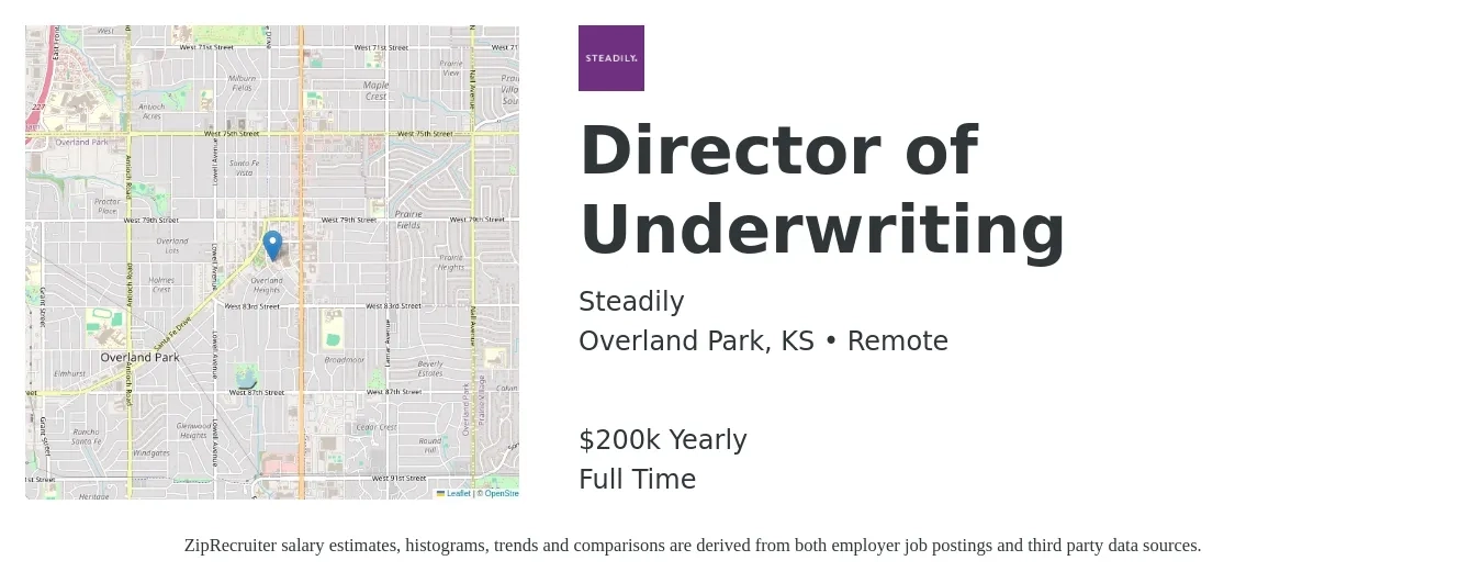 Steadily job posting for a Director of Underwriting in Overland Park, KS with a salary of $200,000 Yearly with a map of Overland Park location.