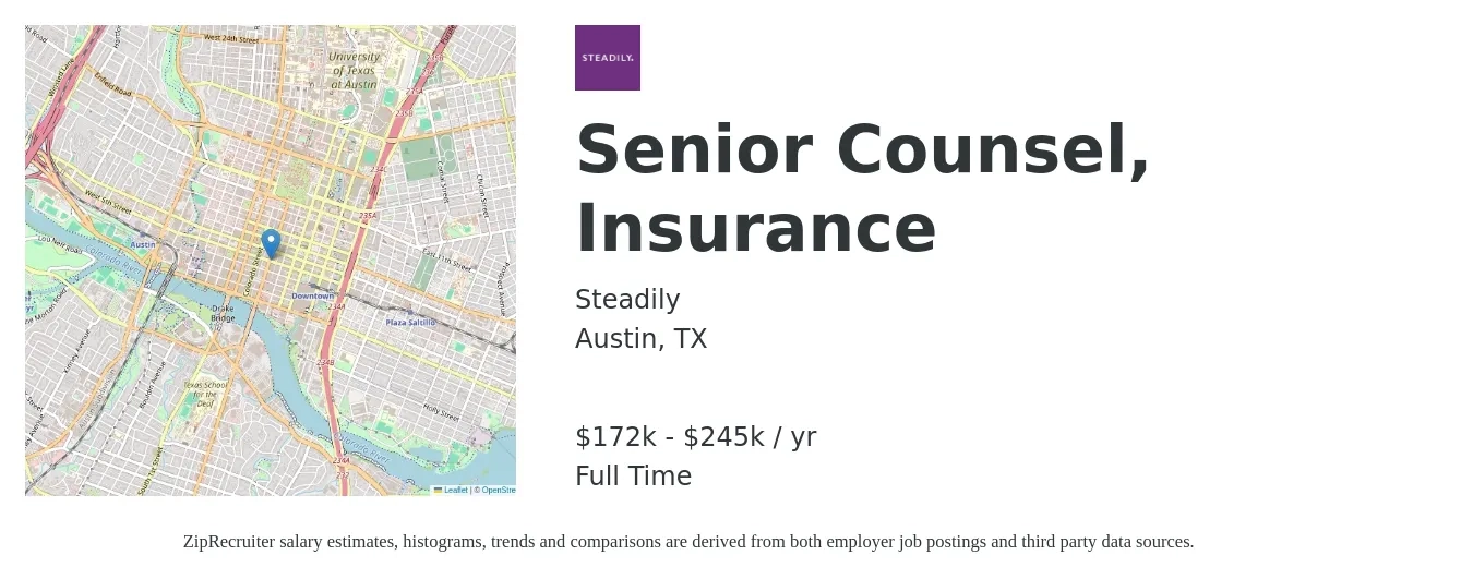 Steadily job posting for a Senior Counsel, Insurance in Austin, TX with a salary of $172,000 to $245,000 Yearly with a map of Austin location.