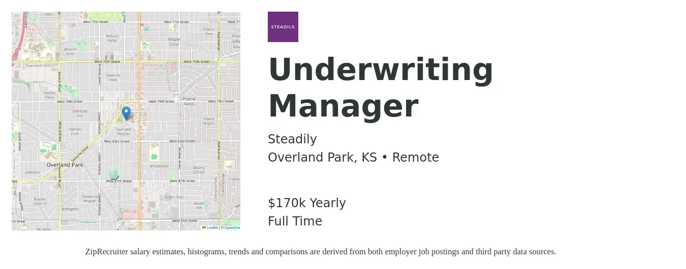Steadily job posting for a Underwriting Manager in Overland Park, KS with a salary of $170,000 Yearly with a map of Overland Park location.
