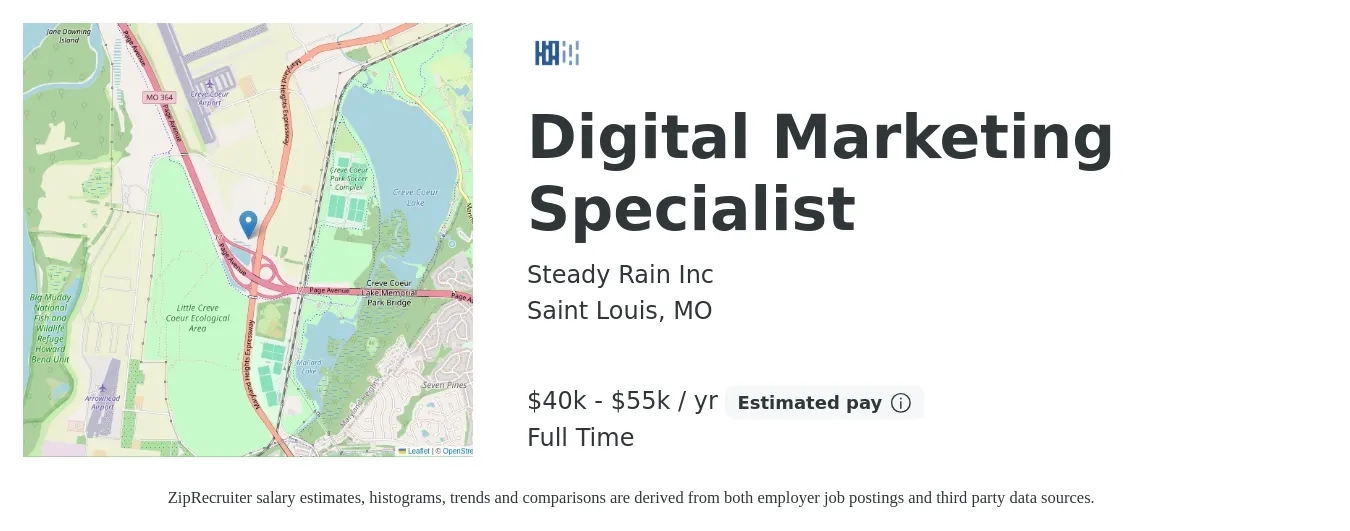 Steady Rain Inc job posting for a Digital Marketing Specialist in Saint Louis, MO with a salary of $40,000 to $55,000 Yearly with a map of Saint Louis location.