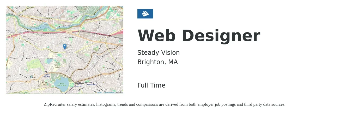 Steady Vision job posting for a Web Designer in Brighton, MA with a salary of $29 to $44 Hourly with a map of Brighton location.