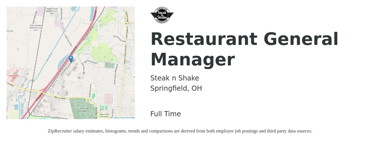 Steak n Shake job posting for a Restaurant General Manager in Springfield, OH with a salary of $49,400 to $68,100 Yearly with a map of Springfield location.