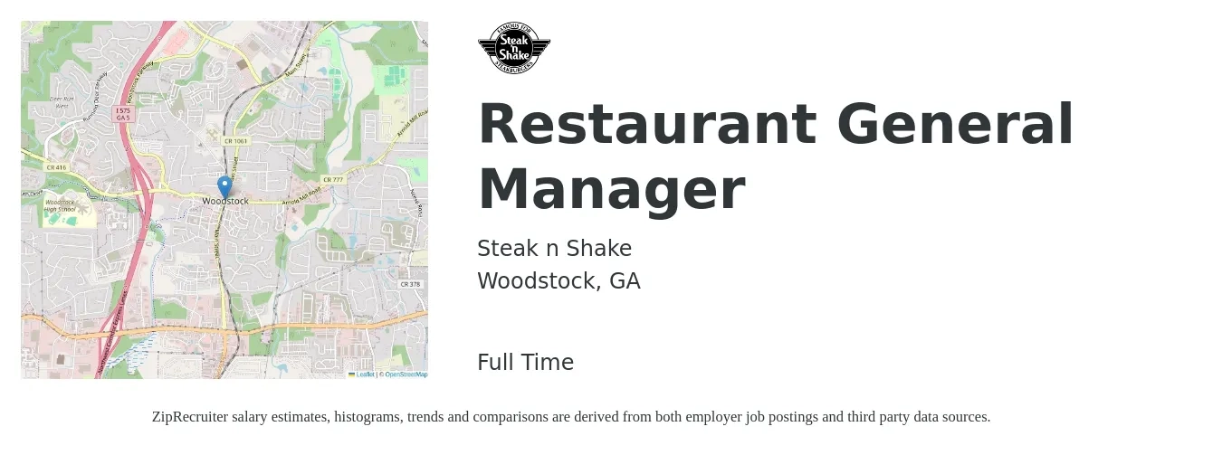 Steak n Shake job posting for a Restaurant General Manager in Woodstock, GA with a salary of $48,700 to $67,100 Yearly with a map of Woodstock location.