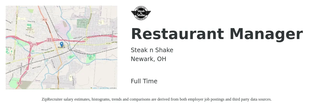 Steak n Shake job posting for a Restaurant Manager in Newark, OH with a salary of $41,400 to $58,400 Yearly with a map of Newark location.