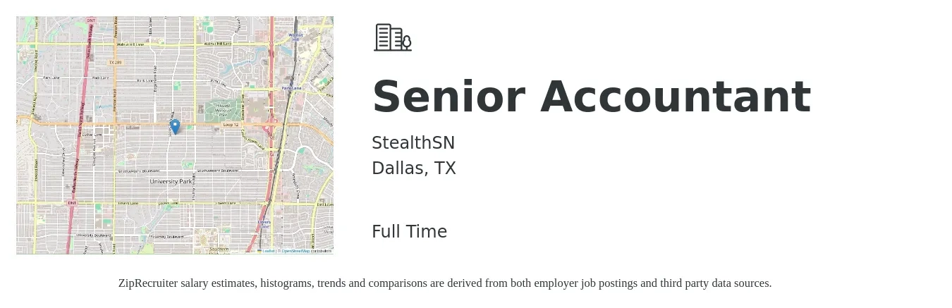 StealthSN job posting for a Senior Accountant in Dallas, TX with a salary of $73,200 to $92,000 Yearly with a map of Dallas location.