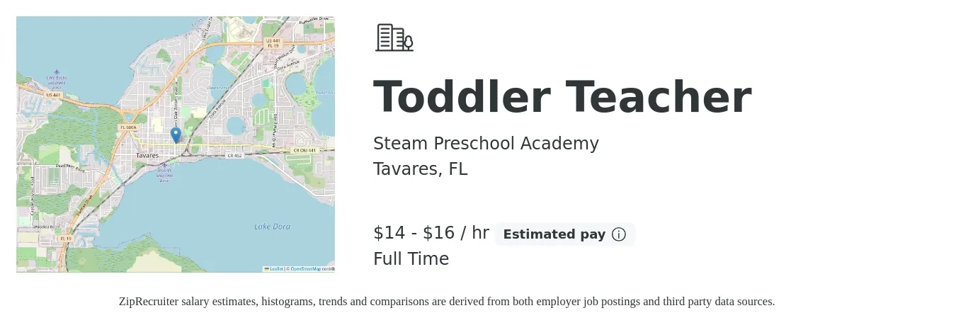 Steam Preschool Academy job posting for a Toddler Teacher in Tavares, FL with a salary of $15 to $17 Hourly with a map of Tavares location.