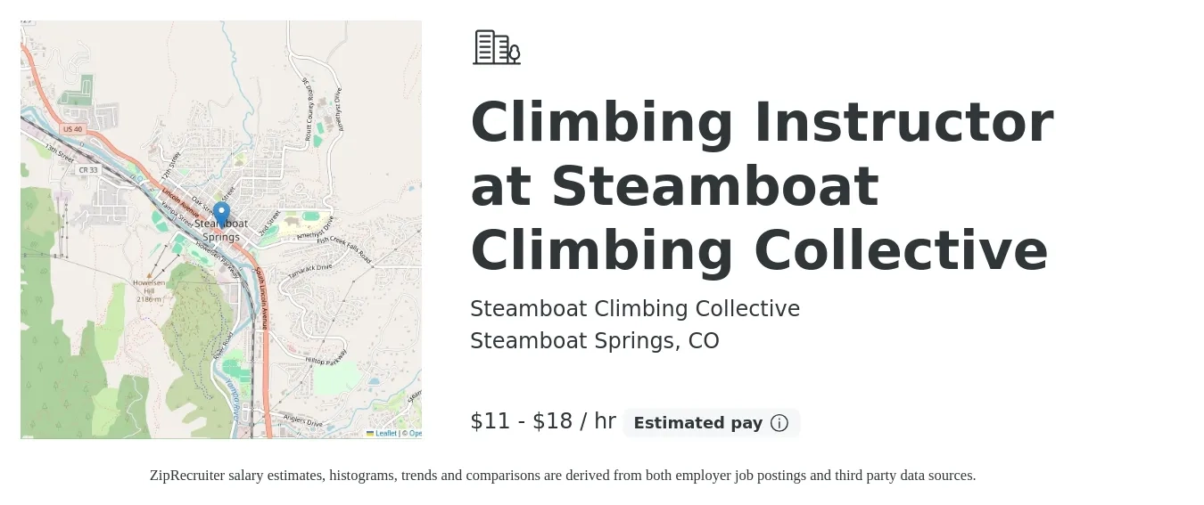 Steamboat Climbing Collective job posting for a Climbing Instructor at Steamboat Climbing Collective in Steamboat Springs, CO with a salary of $12 to $19 Hourly with a map of Steamboat Springs location.