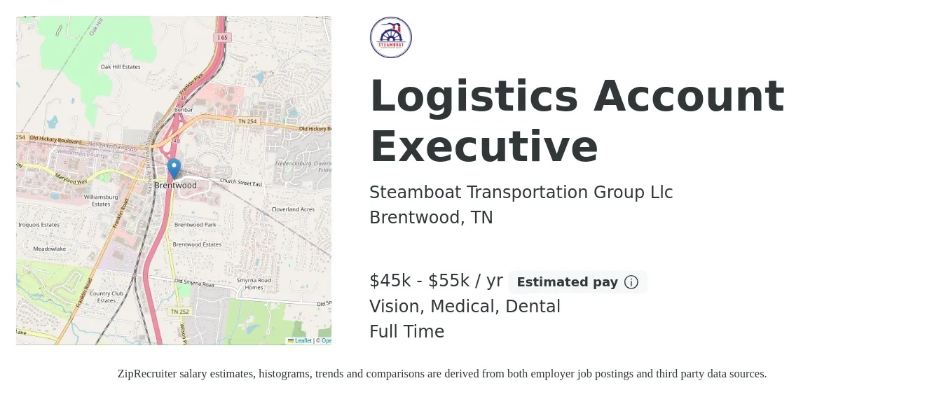 Steamboat Transportation Group Llc job posting for a Logistics Account Executive in Brentwood, TN with a salary of $50,000 to $65,000 Yearly and benefits including dental, medical, pto, and vision with a map of Brentwood location.