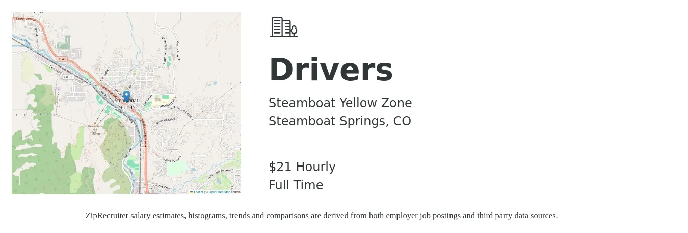 Steamboat Yellow Zone job posting for a Drivers in Steamboat Springs, CO with a salary of $22 Hourly with a map of Steamboat Springs location.