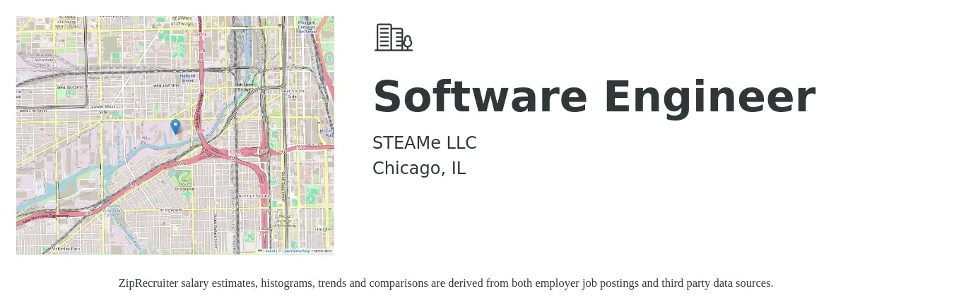 STEAMe LLC job posting for a Software Engineer in Chicago, IL with a salary of $120,000 to $173,100 Yearly with a map of Chicago location.