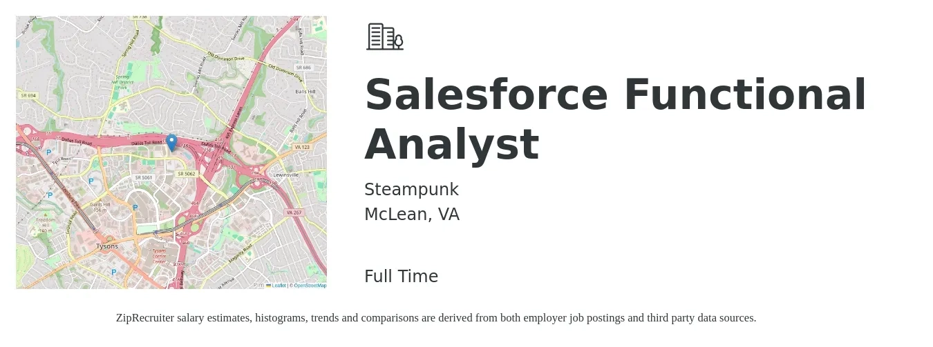 Steampunk job posting for a Salesforce Functional Analyst in McLean, VA with a salary of $52 to $71 Hourly with a map of McLean location.