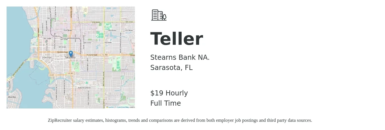 Stearns Bank NA. job posting for a Teller in Sarasota, FL with a salary of $20 Hourly with a map of Sarasota location.