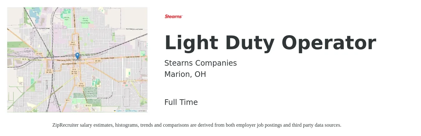 Stearns Companies job posting for a Light Duty Operator in Marion, OH with a salary of $16 to $22 Hourly with a map of Marion location.