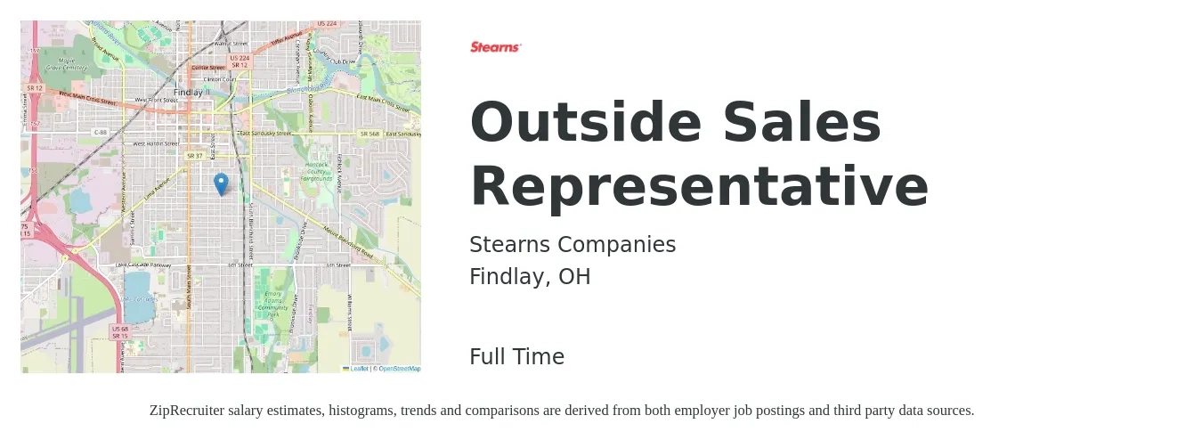 Stearns Companies job posting for a Outside Sales Representative in Findlay, OH with a salary of $49,300 to $84,500 Yearly with a map of Findlay location.