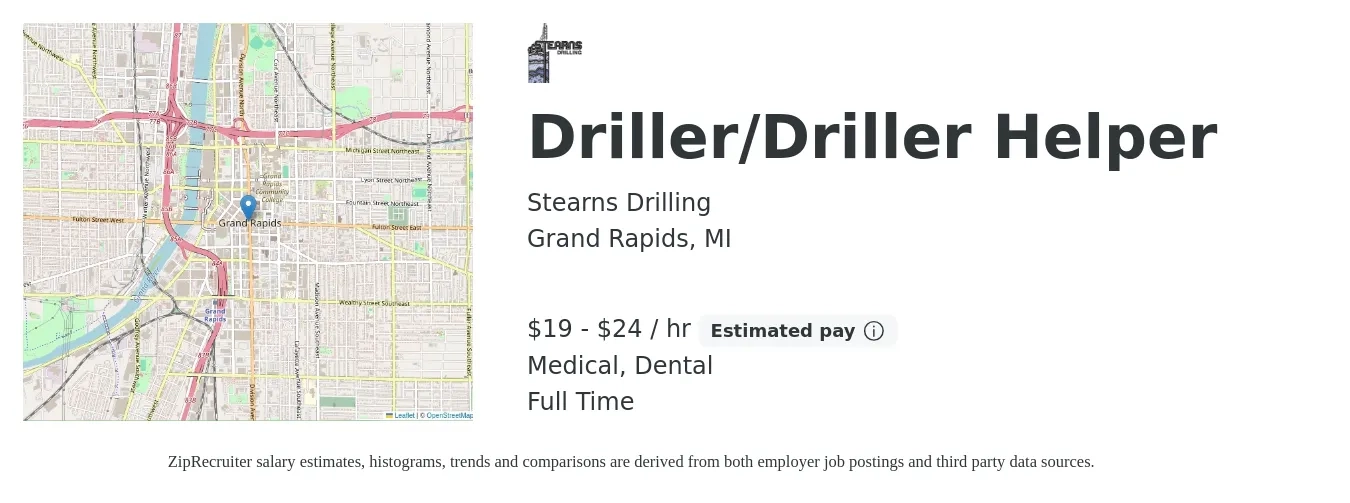 Stearns Drilling job posting for a Driller/Driller Helper in Grand Rapids, MI with a salary of $20 to $25 Hourly and benefits including dental, life_insurance, and medical with a map of Grand Rapids location.