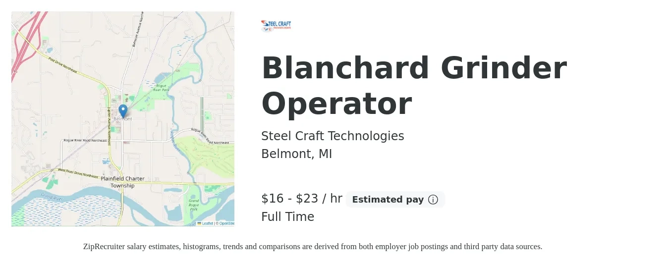 Steel Craft Technologies job posting for a Blanchard Grinder Operator in Belmont, MI with a salary of $17 to $24 Hourly with a map of Belmont location.