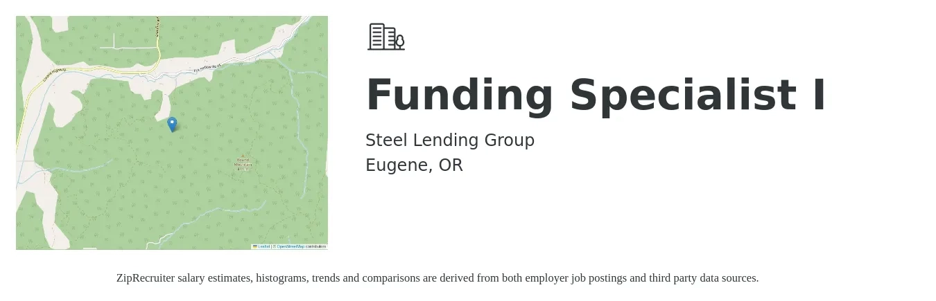 Steel Lending Group job posting for a Funding Specialist I in Eugene, OR with a salary of $23 Hourly with a map of Eugene location.