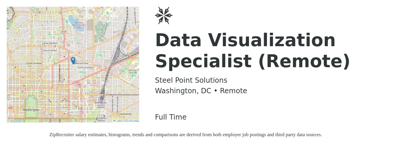 Steel Point Solutions job posting for a Data Visualization Specialist (Remote) in Washington, DC with a salary of $67,400 to $109,300 Yearly with a map of Washington location.