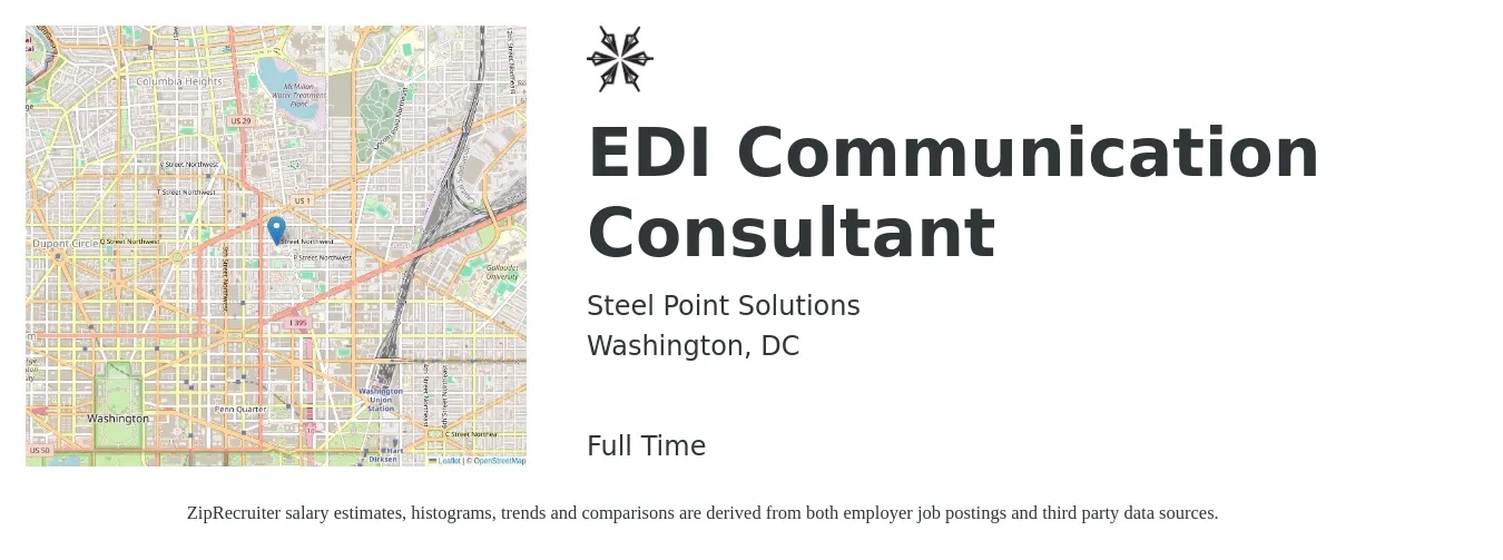 Steel Point Solutions job posting for a EDI Communication Consultant in Washington, DC with a salary of $71,400 to $94,000 Yearly with a map of Washington location.