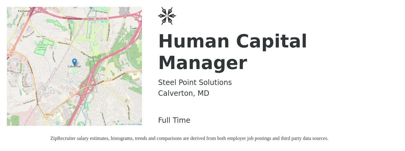 Steel Point Solutions job posting for a Human Capital Manager in Calverton, MD with a salary of $71,200 to $103,200 Yearly with a map of Calverton location.