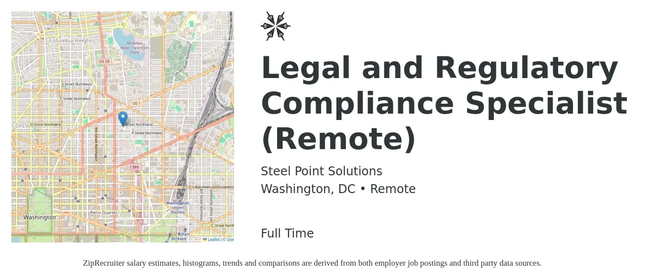 Steel Point Solutions job posting for a Legal and Regulatory Compliance Specialist (Remote) in Washington, DC with a salary of $78,700 to $132,500 Yearly with a map of Washington location.