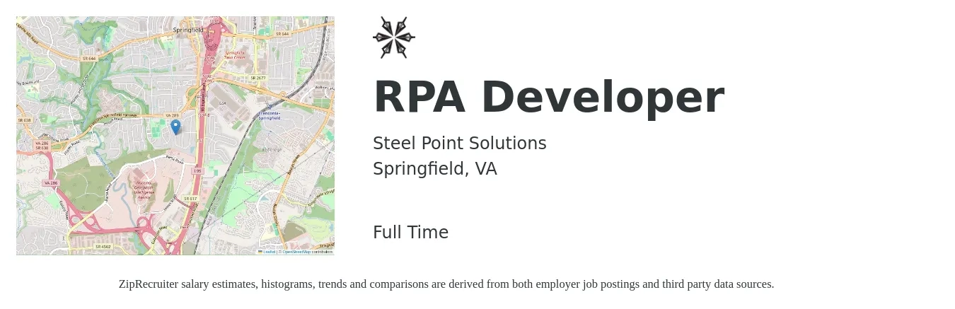 Steel Point Solutions job posting for a RPA Developer in Springfield, VA with a salary of $94,000 to $135,800 Yearly with a map of Springfield location.