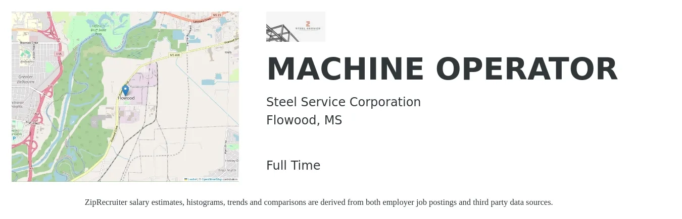 Steel Service Corporation job posting for a MACHINE OPERATOR in Flowood, MS with a salary of $14 to $17 Hourly with a map of Flowood location.
