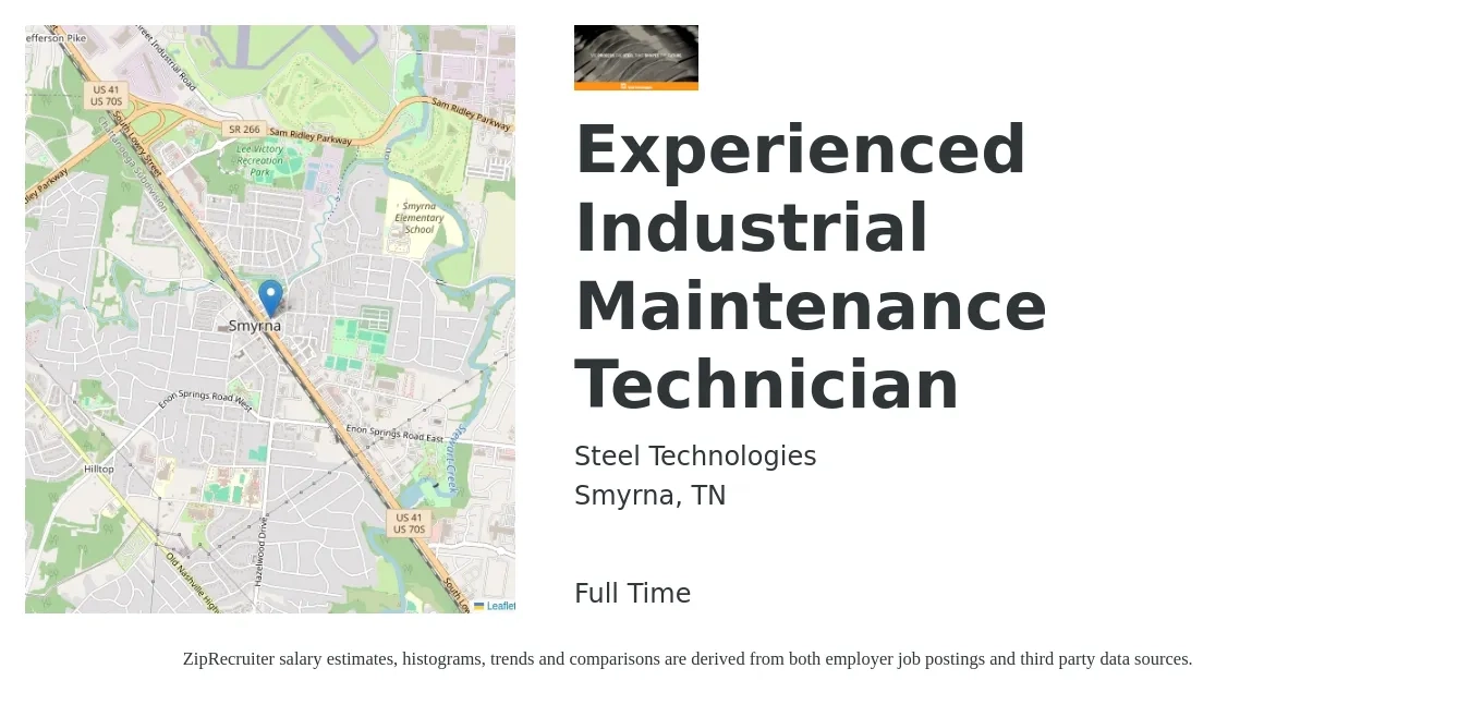 Steel Technologies LLC job posting for a Experienced Industrial Maintenance Technician in Smyrna, TN with a salary of $20 to $28 Hourly with a map of Smyrna location.
