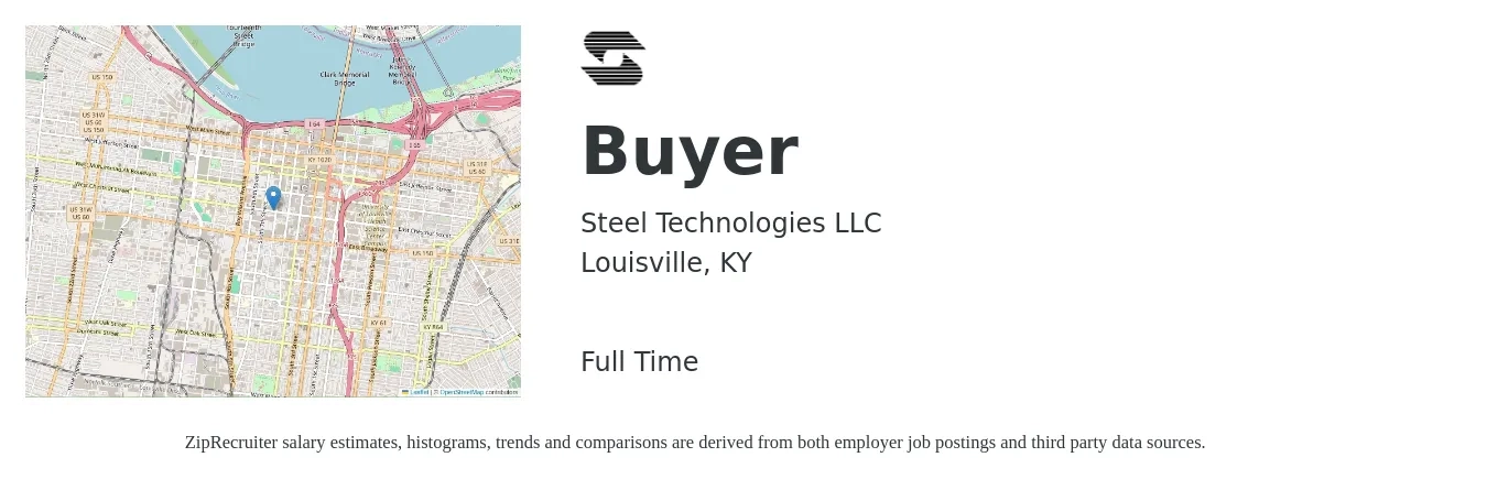 Steel Technologies LLC job posting for a Buyer in Louisville, KY with a salary of $50,300 to $72,300 Yearly with a map of Louisville location.