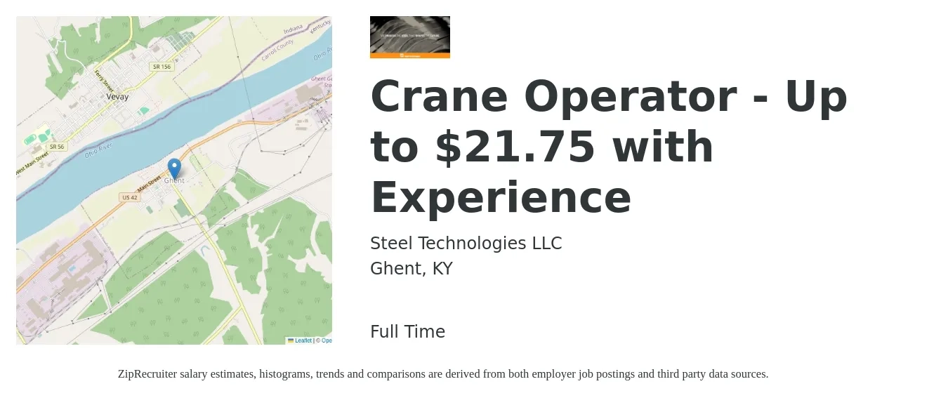 Steel Technologies LLC job posting for a Crane Operator - Up to $21.75 with Experience in Ghent, KY with a salary of $20 to $31 Hourly with a map of Ghent location.