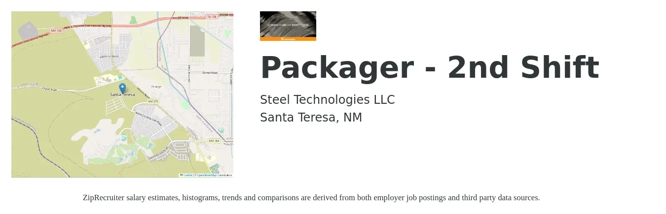 Steel Technologies job posting for a Packager - 2nd Shift in Santa Teresa, NM with a salary of $14 to $16 Hourly with a map of Santa Teresa location.