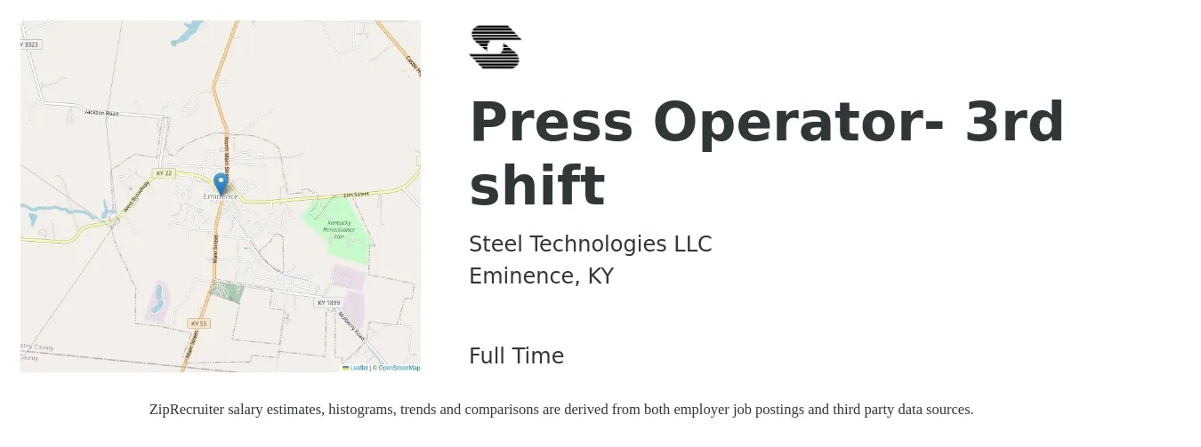 Steel Technologies LLC job posting for a Press Operator- 3rd shift in Eminence, KY with a salary of $16 to $21 Hourly with a map of Eminence location.