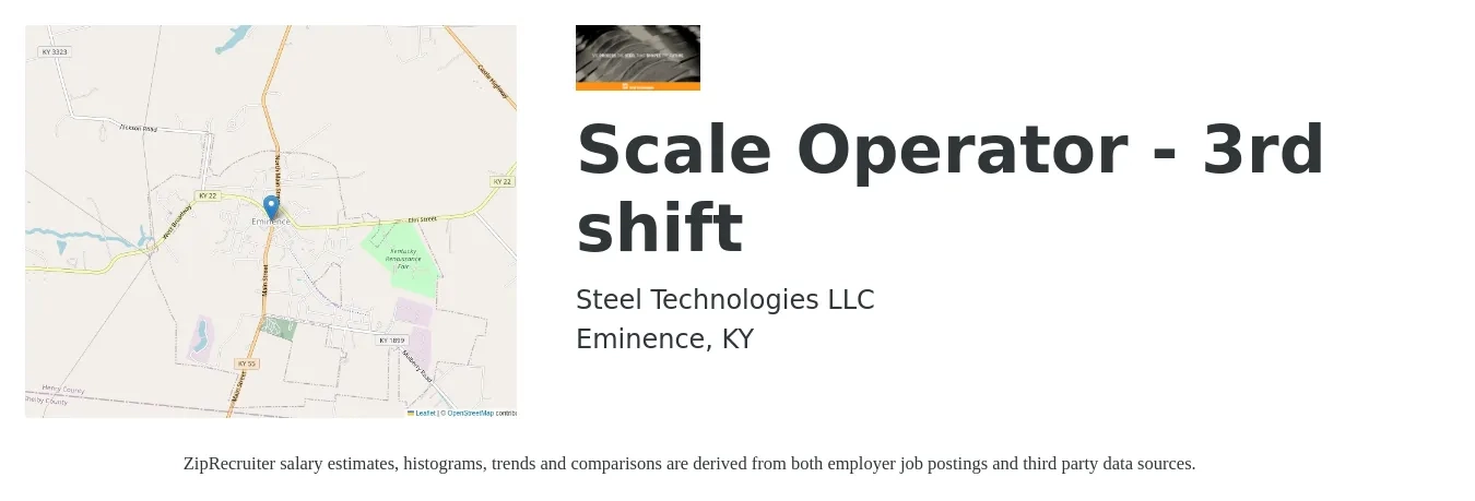 Steel Technologies LLC job posting for a Scale Operator - 3rd shift in Eminence, KY with a salary of $16 to $20 Hourly with a map of Eminence location.