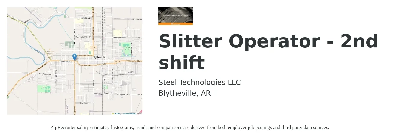 Steel Technologies job posting for a Slitter Operator - 2nd shift in Blytheville, AR with a salary of $16 to $19 Hourly with a map of Blytheville location.