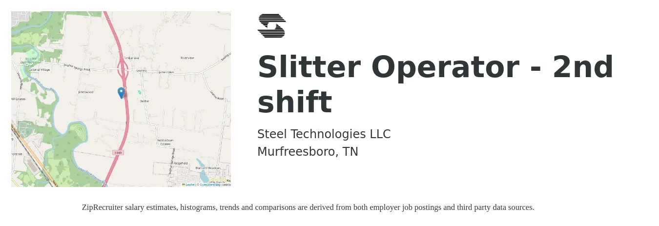 Steel Technologies LLC job posting for a Slitter Operator - 2nd shift in Murfreesboro, TN with a salary of $16 to $20 Hourly with a map of Murfreesboro location.
