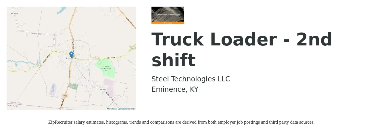 Steel Technologies job posting for a Truck Loader - 2nd shift in Eminence, KY with a salary of $16 to $19 Hourly with a map of Eminence location.