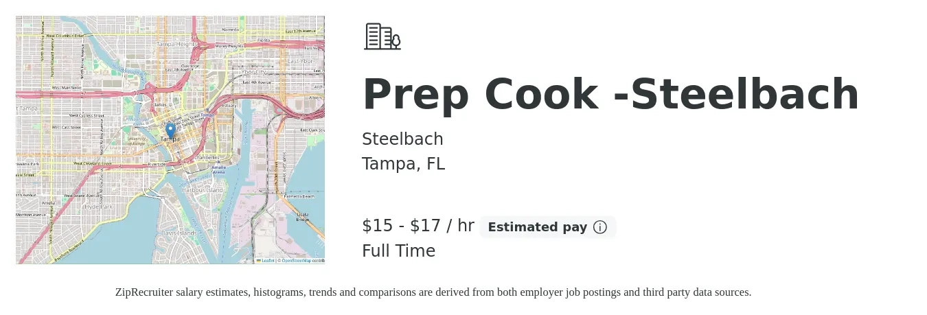 Steelbach job posting for a Prep Cook -Steelbach in Tampa, FL with a salary of $16 to $18 Hourly with a map of Tampa location.