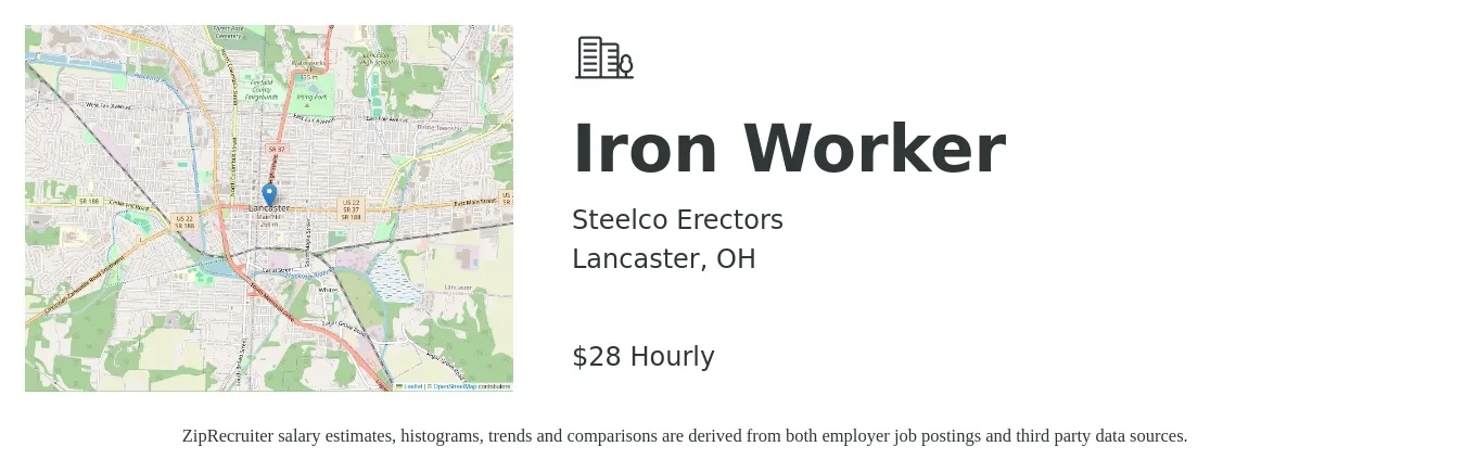 Steelco Erectors job posting for a Iron Worker in Lancaster, OH with a salary of $25 to $30 Hourly with a map of Lancaster location.