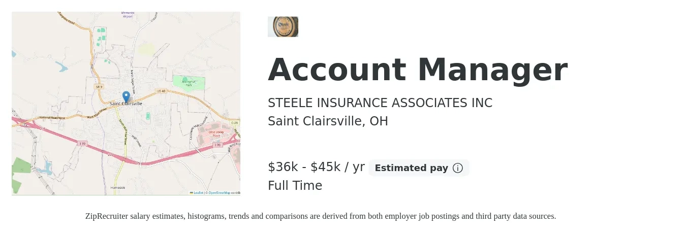 STEELE INSURANCE ASSOCIATES INC job posting for a Account Manager in Saint Clairsville, OH with a salary of $36,000 to $45,000 Yearly with a map of Saint Clairsville location.