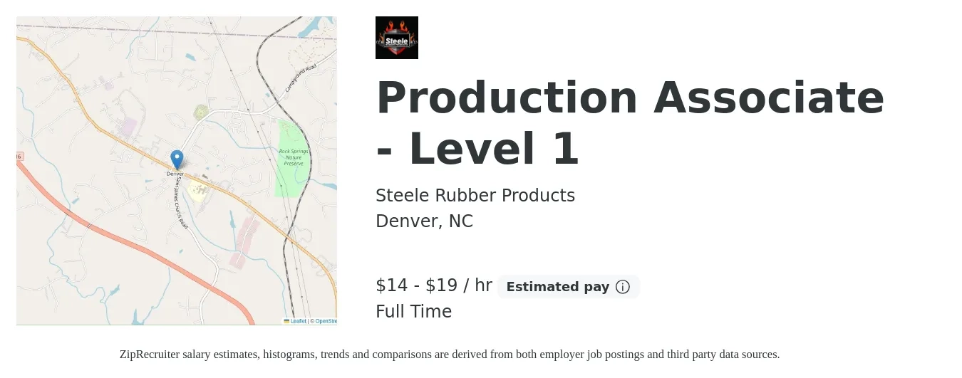 Steele Rubber Products job posting for a Production Associate - Level 1 in Denver, NC with a salary of $15 to $20 Hourly with a map of Denver location.