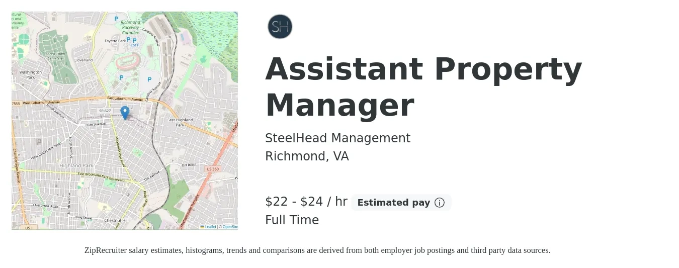 SteelHead Management job posting for a Assistant Property Manager in Richmond, VA with a salary of $23 to $25 Hourly with a map of Richmond location.