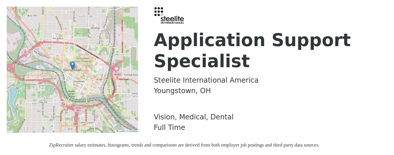 Steelite International America job posting for a Application Support Specialist in Youngstown, OH with a salary of $50,800 to $79,900 Yearly and benefits including medical, retirement, vision, dental, and life_insurance with a map of Youngstown location.