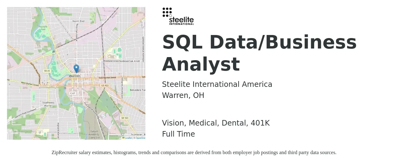 Steelite International America job posting for a SQL Data/Business Analyst in Warren, OH with a salary of $32 to $48 Hourly and benefits including life_insurance, medical, vision, 401k, and dental with a map of Warren location.