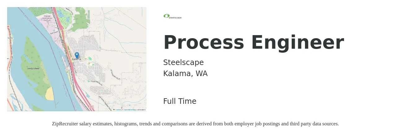 Steelscape job posting for a Process Engineer in Kalama, WA with a salary of $75,585 to $113,377 Yearly with a map of Kalama location.
