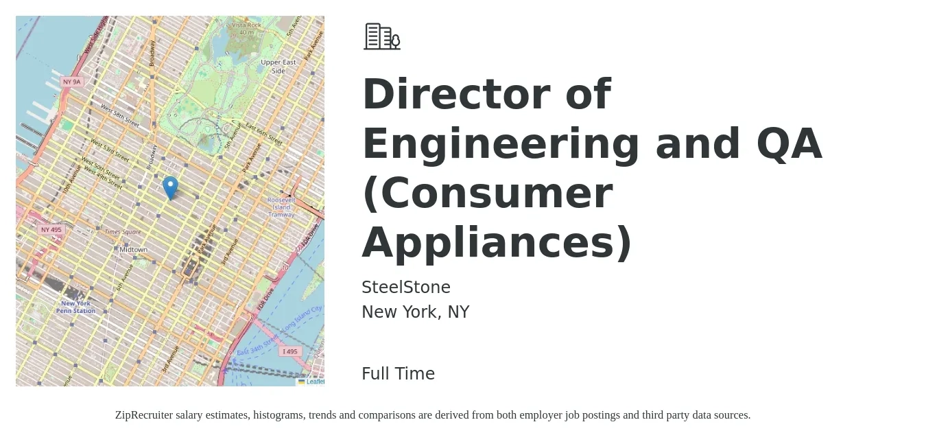SteelStone job posting for a Director of Engineering and QA (Consumer Appliances) in New York, NY with a salary of $160,000 to $200,000 Yearly with a map of New York location.