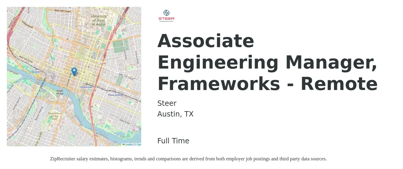 Steer job posting for a Associate Engineering Manager, Frameworks - Remote in Austin, TX with a map of Austin location.